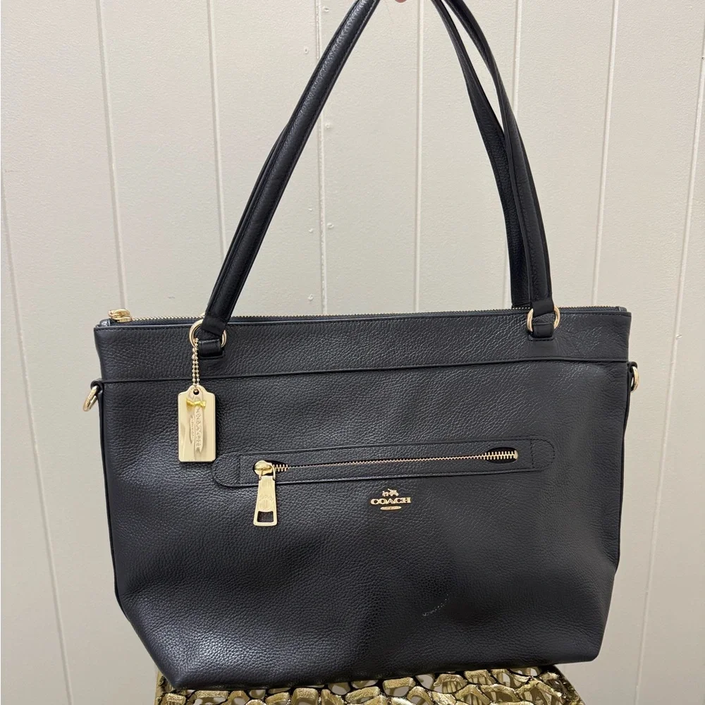 Coach Black Leather Tote with Gold Accents